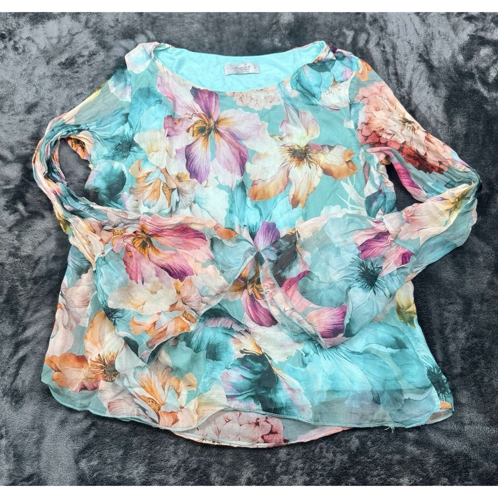 Angela Moda Women's S 100% Silk Floral Blouse Made Italy Sheer Tunic